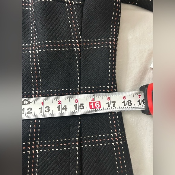 Ann Taylor LOFT Black Long Wool Peacoat White Pink Checkered Stitching Sz 6 - Picture 6 of 10